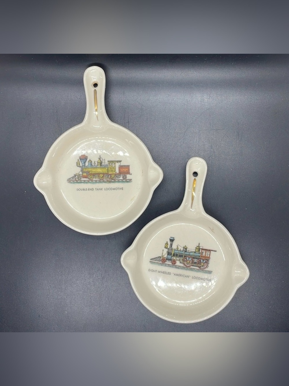Vintage ceramic locomotive train memorabilia ashtray Set of 2